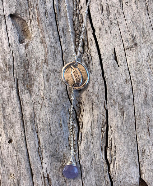 Handmade Sterling Silver Feather Charm Lariat Delicate Necklace with Tanzanite Drop