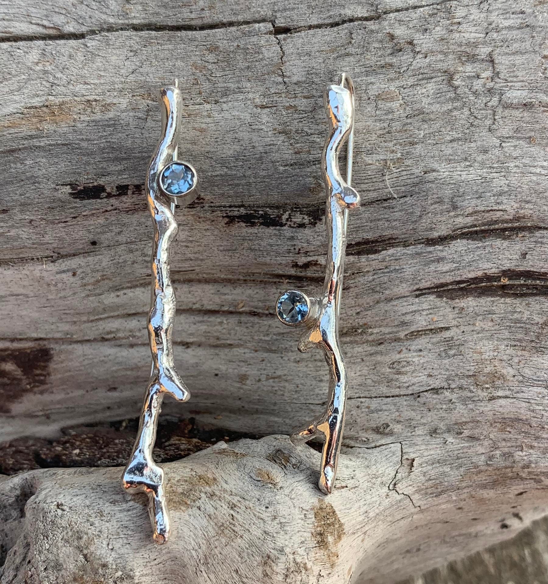 Handmade Sterling Silver Branch Tube Set Aquamarine Earrings