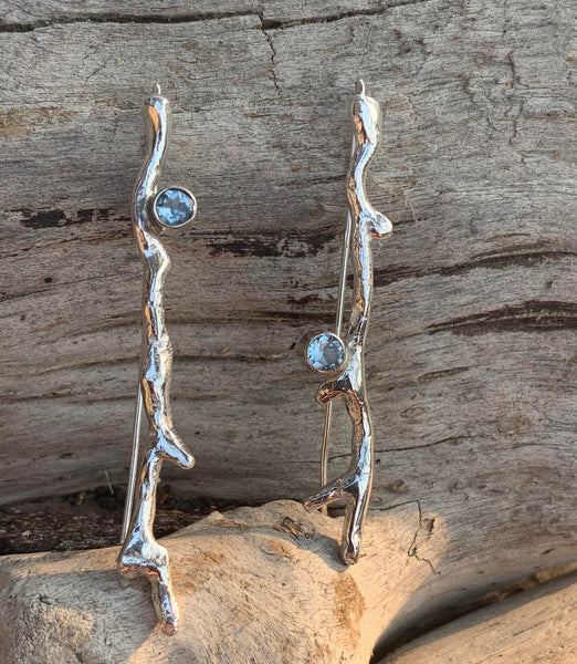 Handmade Sterling Silver Branch Tube Set Aquamarine Earrings