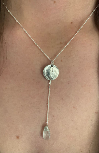 Handmade Sterling Crescent Moon Silver Charm Lariat Delicate Necklace with Moonstone Drop