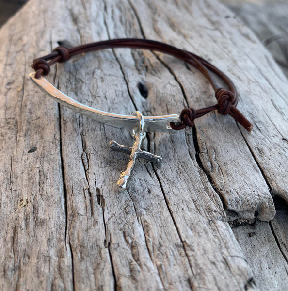 Hand Made Cast and Hammered Sterling Silver Organic Bar and Cross Leather Bracelet with Adjustable Silver Pearl Closure