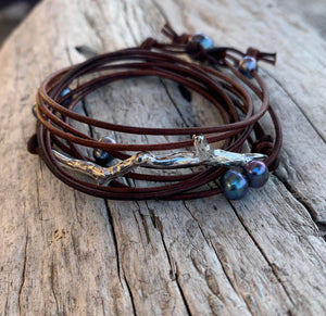 Hand Made Cast Sterling Silver Coral Branch Wrap Antique Brown Leather Bracelet with six 5mm Pearls and Pearl Closure