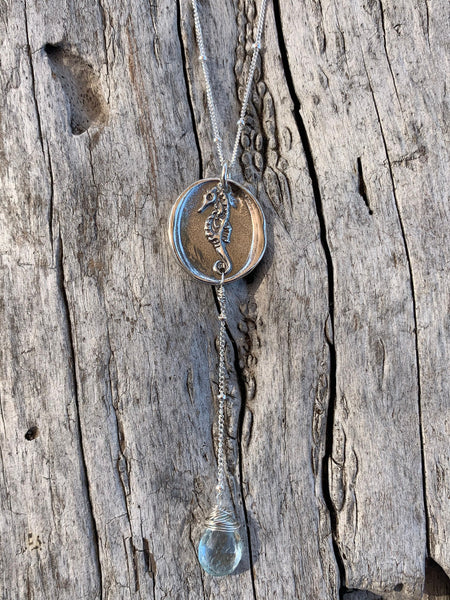 Handmade Sterling Silver Seahorse Charm Lariat Delicate Necklace with Aquamarine Drop