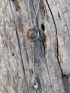 Handmade Sterling Silver Sun Charm Lariat Delicate Necklace with Aquamarine Drop