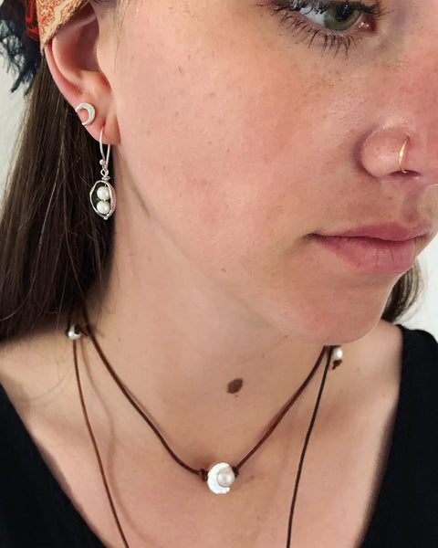 Handmade Hammered Sterling Silver Crescent Moon Choker and Pearl on Antique Brown Leather Cord with Pearl Closure