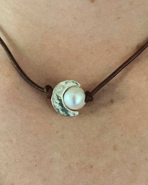 Handmade Hammered Sterling Silver Crescent Moon Choker and Pearl on Antique Brown Leather Cord with Pearl Closure