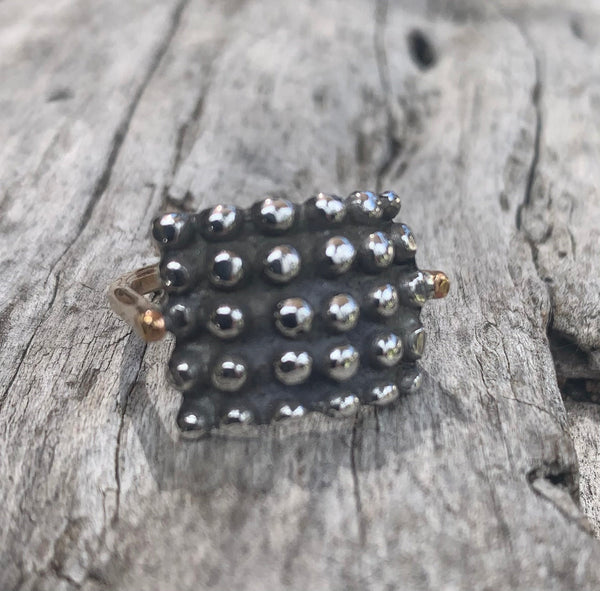 Sterling Silver Square Beaded Ring with 14k Gold Band