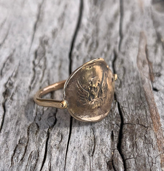 Bronze Guardian Angel Charm Ring with 14K Gold Fill Band