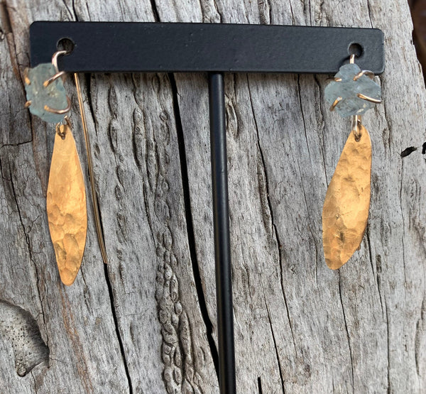 Sterling Silver Feather Earrings with Prong Set Raw Peridot