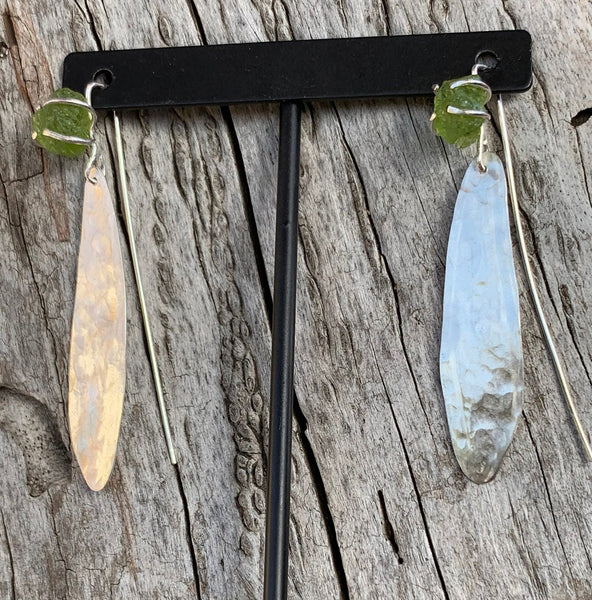 Sterling Silver Feather Earrings with Prong Set Raw Peridot