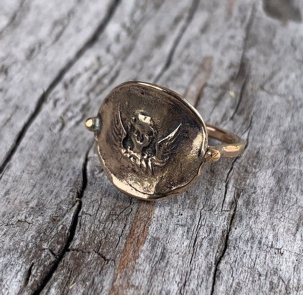 Bronze Guardian Angel Charm Ring with 14K Gold Fill Band