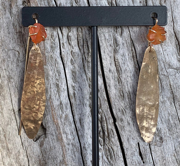 14K Gold Fill Feather Earrings with Prong Set Raw Carnelian