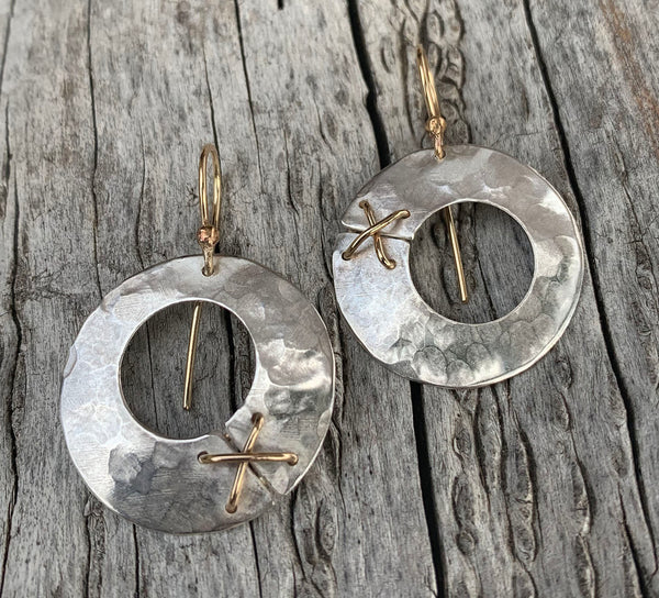 Handmade Hammered Silver Round Earrings with 14K GF Stitching