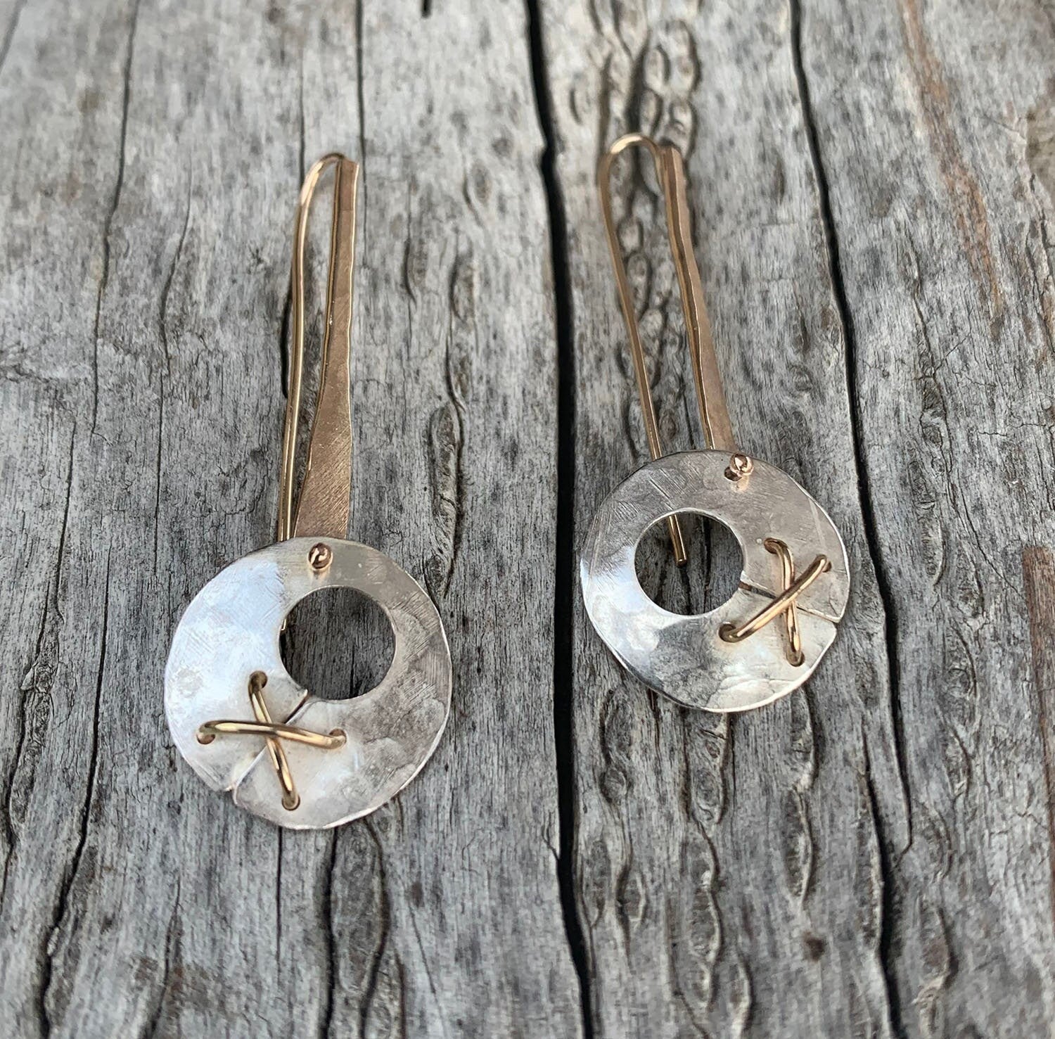 Handmade Hammered Silver Round Drop Earrings with 14K GF Stitching