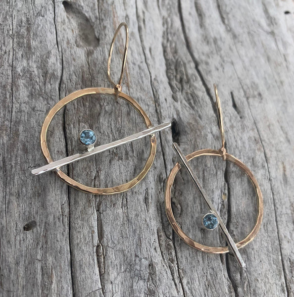 Handmade 14K Gold Fill Circle Earrings with Sterling Silver Tube Set Aquamarine