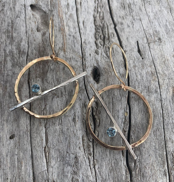 Handmade 14K Gold Fill Circle Earrings with Sterling Silver Tube Set Aquamarine