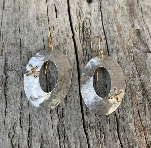 Handmade Hammered Silver Oval Earrings with 14K GF Stitching