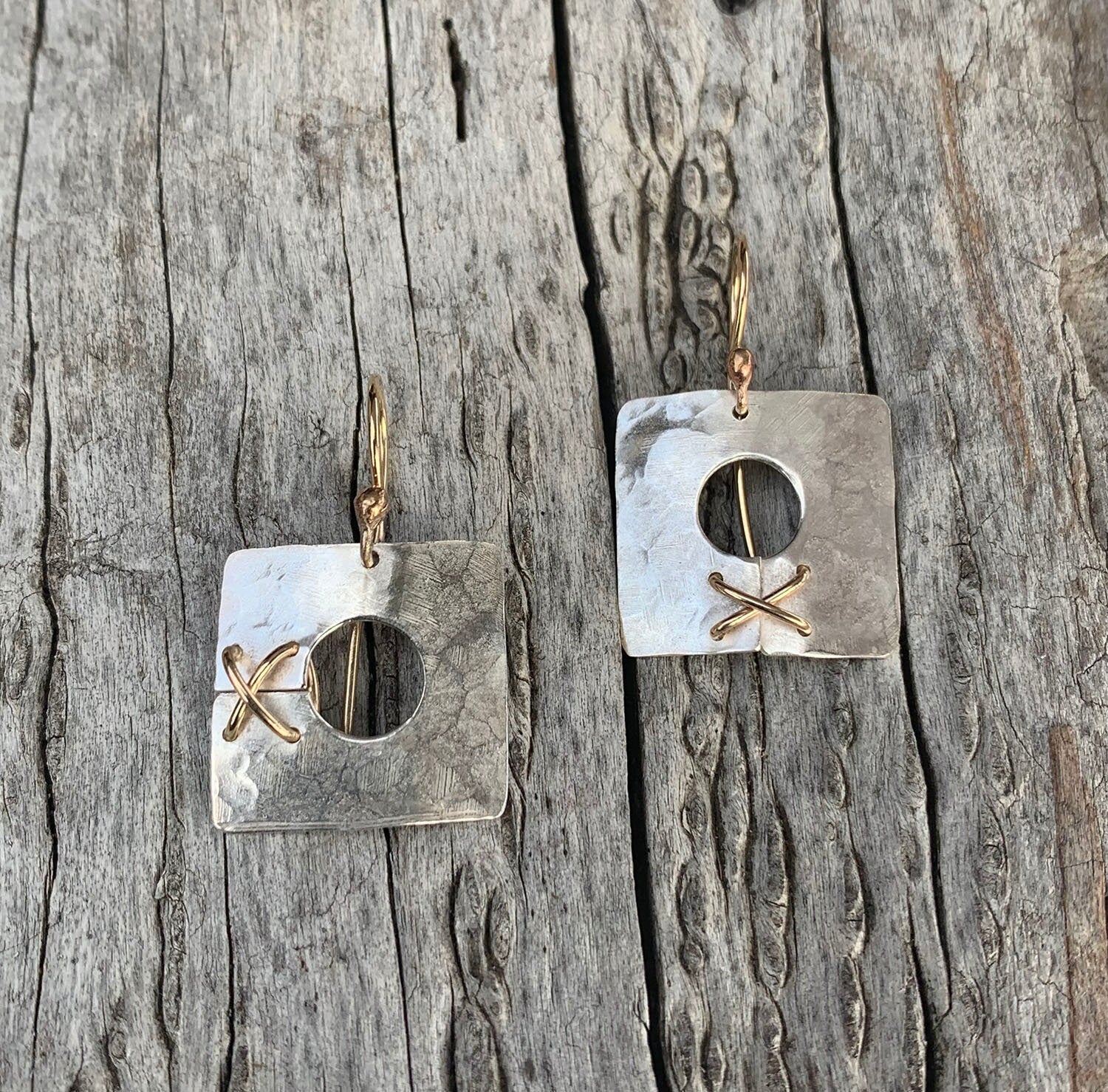 Handmade Hammered Silver Square Earrings with 14K GF Stitching