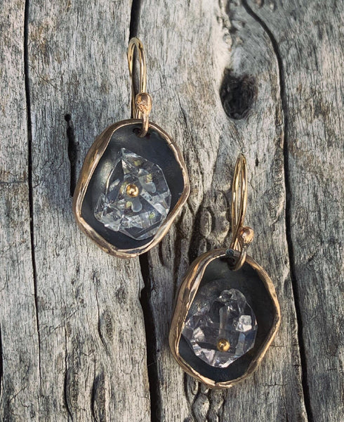 Bronze Herkimer Diamond Crystal Cave Earrings with 14K GF Ear Wires