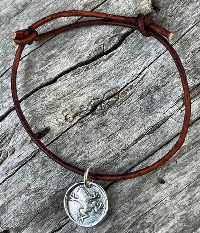 Handmade Sterling Silver Frog Charm Adjustable Leather Bracelet