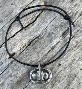 Handmade Organic Sterling Silver Bee Charm Leather Adjustable Bracelet