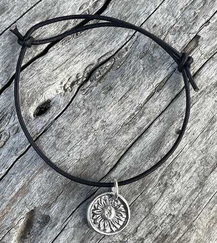 Handmade Organic Sterling Silver Sunflower Leather Adjustable Bracelet