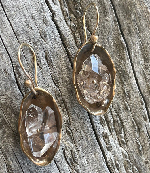 Large Bronze Herkimer Diamond Crystal Cave Earrings with 14K GF Ear Wires