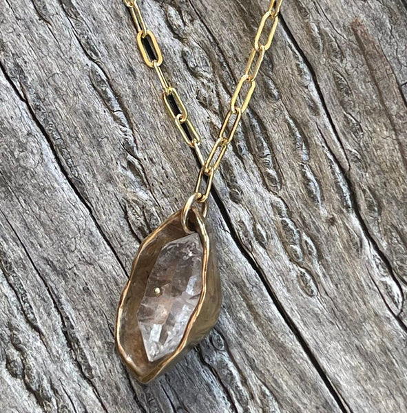 Bronze Herkimer Diamond Crystal Cave Necklace on 14K GF Paper Clip Chain