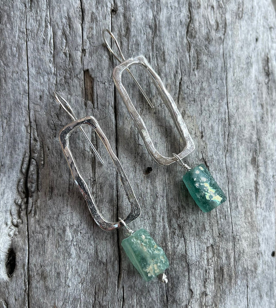 Handmade Sterling Silver Organic Rectangle Earrings with Roman Glass Drop