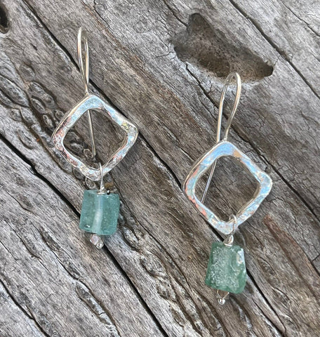 Sterling Silver Organic Square Earrings with Roman Glass Drop