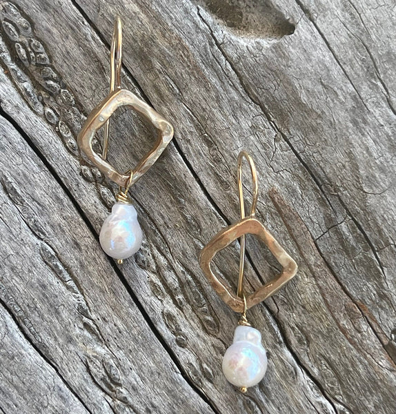 Handmade Sterling Silver Organic Square Earrings with Baroque Pearls Drop