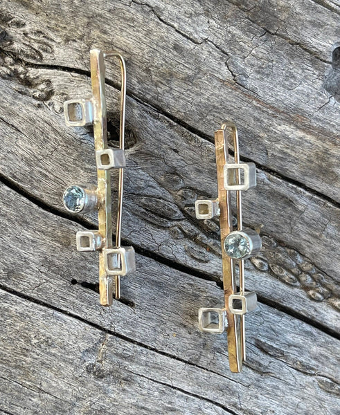 14K Gold Fill Earrings with Silver Tube Set Aquamarine and Silver Squares