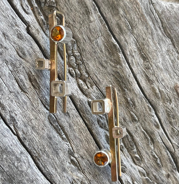 14K Gold Fill Earrings with Silver Tube Set Citrine and Silver Squares