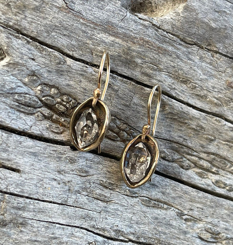 Small Bronze Herkimer Diamond Crystal Cave Earrings with 14K GF Ear Wires