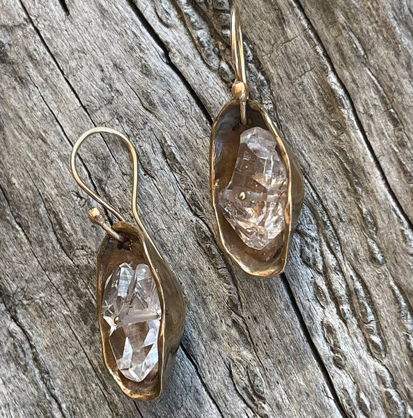 Large Bronze Herkimer Diamond Crystal Cave Earrings with 14K GF Ear Wires