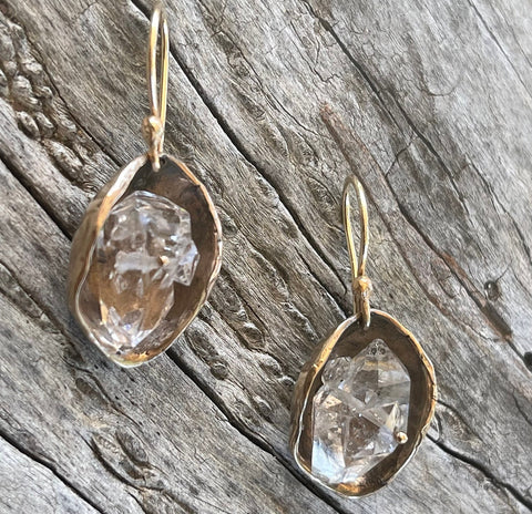 Large Bronze Herkimer Diamond Crystal Cave Earrings with 14K GF Ear Wires