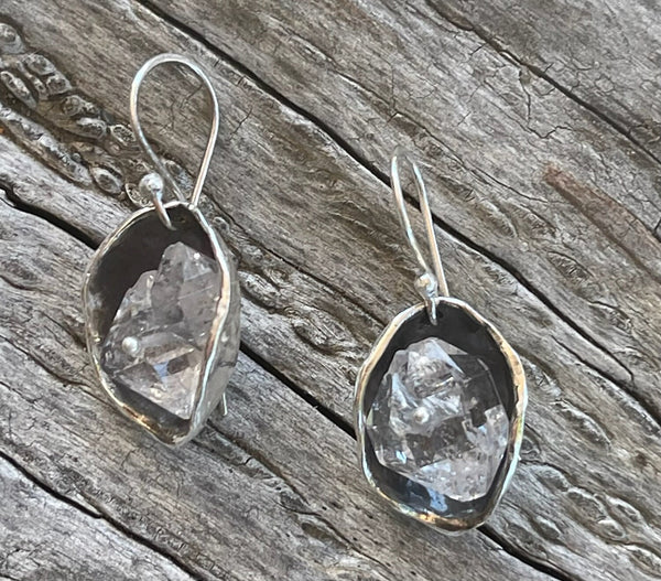 Large Sterling Silver Herkimer Diamond Crystal Cave Earrings