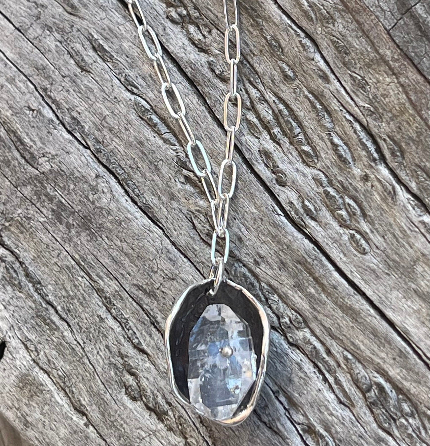 Sterling Silver Herkimer Diamond Crystal Cave Necklace on Sterling Silver Paper Clip Chain