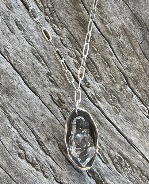 Sterling Silver Herkimer Diamond Crystal Cave Necklace on Sterling Silver Paper Clip Chain