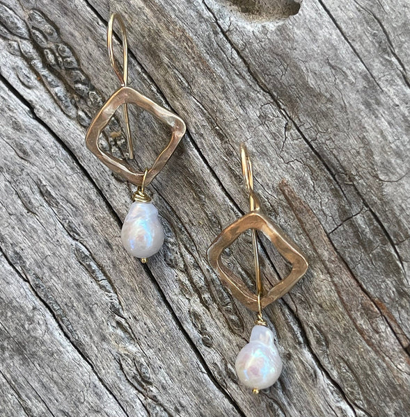 Handmade Sterling Silver Organic Square Earrings with Baroque Pearls Drop