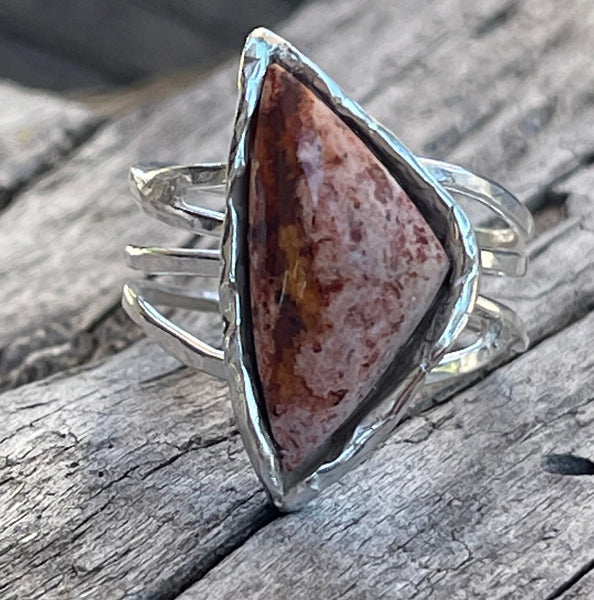 Handmade Sterling Silver Wrap Style Ring with Triangular Bezel Set Mexican Opal