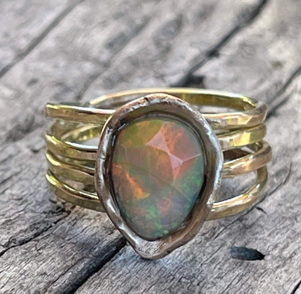 Handmade 14K Gold Wrap Ring with with a Bezel Set Faceted Opal