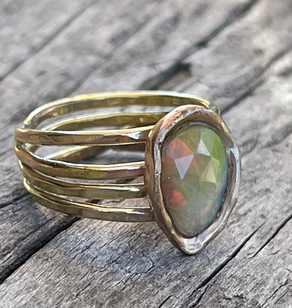 Handmade 14K Gold Wrap Ring with with a Bezel Set Faceted Opal