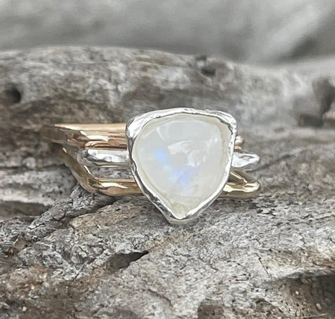 Handmade Mixed Metal Square Stacking Ring with Triangular Bezel Set Moonstone