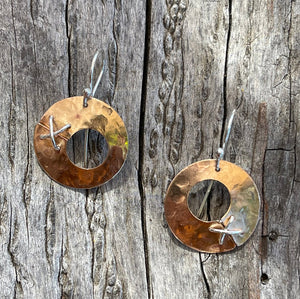 Handmade Hammered 14K Gold Fill Round Earrings with Sterling Silver Stitching