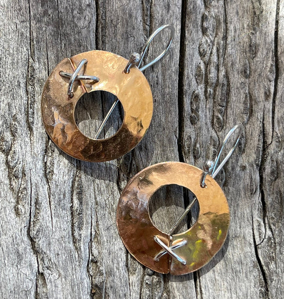 Handmade Hammered 14K Gold Fill Round Earrings with Sterling Silver Stitching