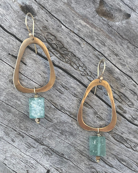 Bronze Organic Triangle Earrings with Roman Glass Drop