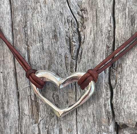 Handmade Sterling Heart Necklace on 1.5 MM Antique Brown Leather Cord with Loop and Pearl Closure