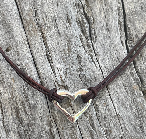 Handmade Sterling Heart Choker on 1 MM Antique Brown Leather Cord with Loop and Pearl Closure