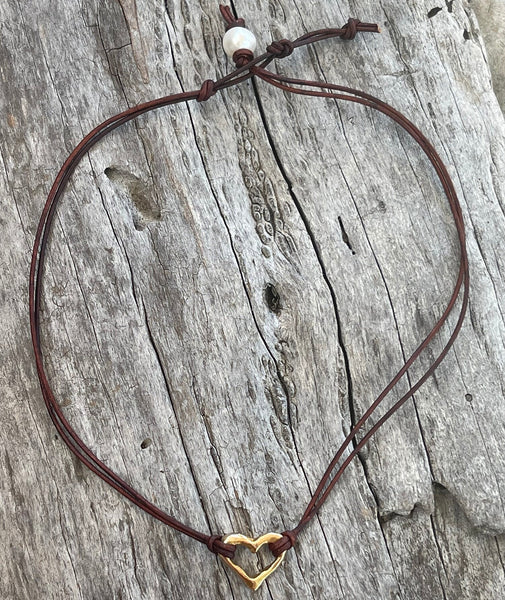 Handmade Bronze Heart Choker on 1 MM Antique Brown Leather Cord with Loop and Pearl Closure